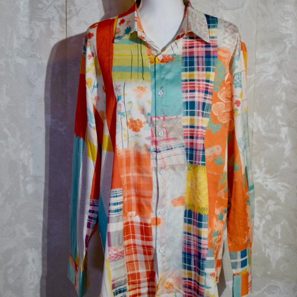 Artisan Multi-Color Patchwork Plaid Floral Button… - image 1